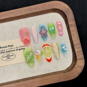 Handmade 3D Press On Nails Summer Beach Colorful Sea Star Fruit Slice Relief Design Almond Shape Artificial Nails For Women