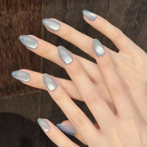 Faux ongles œil de chat argentés élégants de forme ovale avec effet magnétique