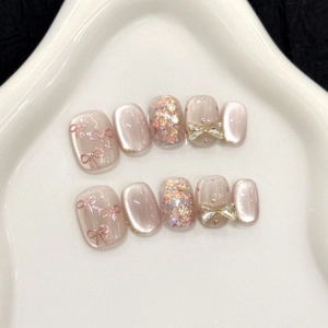 Handmade Pink Cat Eye Press On Nails Rhinestone Bow Glitter Sweet Elegant Shimmering Artificial Nails For Women Manicure
