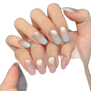 Unghie finte a mandorla lunga con sfumatura occhio di gatto blu e rosa e glitter lucidi