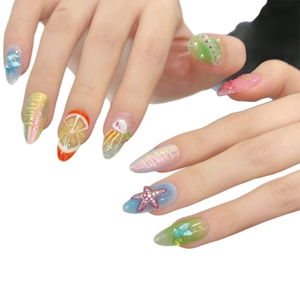 3D ocean and fruit themed press-on nails with starfish and orange slice designs