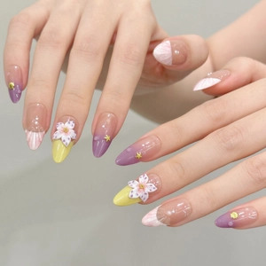 Hawaii beach style purple shell textured press-on nails with 3D floral and starfish decor