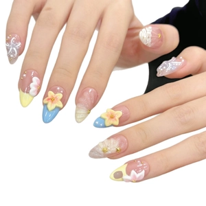 3D seashell and starfish ocean theme press-on nails with pearls and floral relief