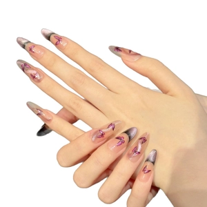 Ongles à presser élégants papillon violet œil de chat forme ovale longue et base rose