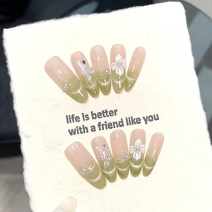 Handmade Green Cat Eye Press On Nails With 3D White Flower Artificial Pearl Rhinestone Butterfly Long Oval Artificial Nails For Women