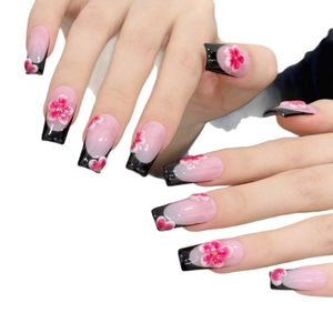 Handgefertigte Kunstnägel mit 3D-Blumen und schwarzem French-Design im Gothic-Stil