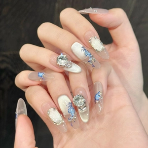 Blue And White Porcelain Style Press On Nails Blue Butterfly Floral Hand Painted Cat Eye Design With Rhinestones For Women