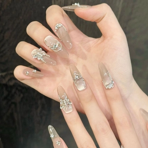 Luxury cat eye press-on nails with 3D diamond butterfly and metal chain accents