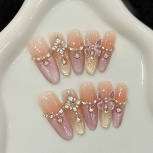 Handmade 3D Butterfly Press On Nails Zirconia Flower Rhinestone Pink Purple Gradient Cat Eye Almond False Nails For Women