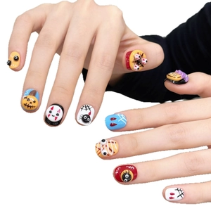 3D Halloween press-on nails featuring spooky pumpkins, spiders, and eyeballs motifs