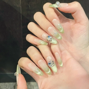 Green cat eye gradient almond press on nails with luxury sparkling rhinestones