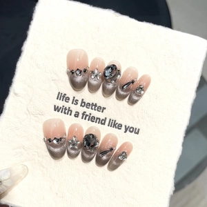 Dark Cat Eye Almond Press-on Nails with 3D Rhinestones and Metallic Star Accents