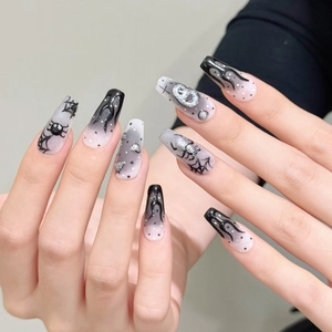 Gothic Halloween long coffin press-on nails with ghost spider designs and silver glitter