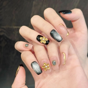 Handmade Press On Nails With 3D Gold Embossed Flowers Cat Eye Luxury New Chinese Style Black Nude Pink Fake Nails For Women