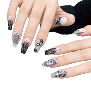 Halloween press-on nails with long trapezoid shape featuring spider and ghost hand-painted art