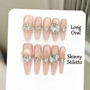 Press On Nails Luxury Handmade Champagne Cat Eye Long Oval Slim Stiletto Rhinestone Nude Pink Fake Nails For Women