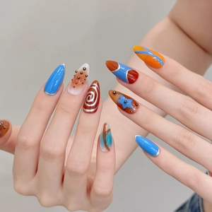 Cyberpunk almond press-on nails featuring silver metal lines and colorful 3D designs