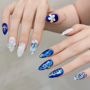 Azure Deep Sea Blue Butterfly 3D Relief Almond Press On Nails Handmade Klein Blue White Rhinestone Artificial Pearl Fake Nails Women