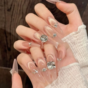 Ice tea champagne cat eye long press-on nails with luxury rhinestones and jelly pink finish