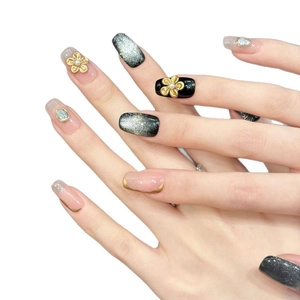 Vintage bronze floral cat eye press-on nails with 3D gold embossed pearl details
