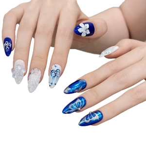 Blue island ocean almond press-on nails with 3D white flowers and bow-knot art