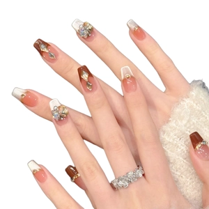 Elegant French cat-eye press-on nails in tea brown with rhinestones and pearls