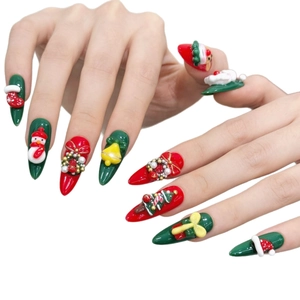 3D handmade Christmas press-on nails featuring Santa, snowman, and holiday embossed charms