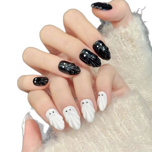 Glossy black and white Halloween ghost 3D embossed press-on nails on hands