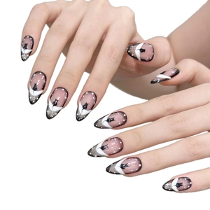 Dark punk black cat and moon silhouette press-on nails in long stiletto shape