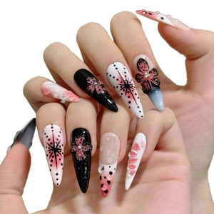 Handcrafted stiletto fake nails with 3D floral relief and dark mystery designs