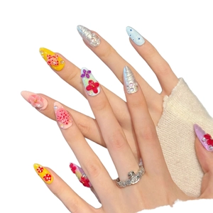 3D handmade floral press-on nails with colorful stiletto design and rhinestone accents