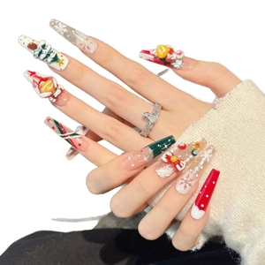 3D Santa Christmas press-on nails with festive snowflakes and holiday tree designs
