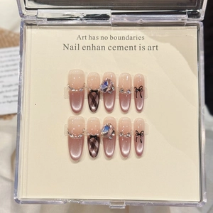 10 Pcs Handmade Cat Eye Press On Nails Pink Gradient Bow Knot Checkered Design Long Oval False Nails With Rhinestone Glass Beads