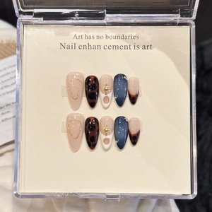 Handmade Almond Press On Nails Leopard Print Blue Cat Eye Gold Star Artificial Pearl Decor Luxury French Fashion False Nails For Women