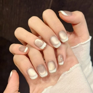 Handmade French Tip Cat Eye Press On Nails Short Square Nude Peach Jelly Shimmer Magnetic Reusable False Nails For Women Elegant