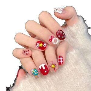 3D Christmas snowman press-on nails with festive red, green and gold holiday patterns