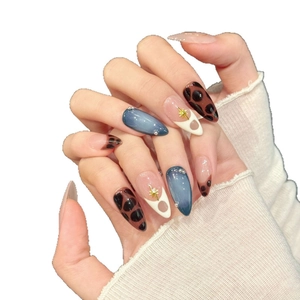 Handmade almond press-on nails with leopard print, cat eye blue, and gold star accents