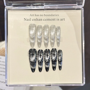 Handmade Gothic Cross Cat Eye Press On Nails Silver Black Stiletto Fake Nails With Star Pattern For Women Party Jewelry