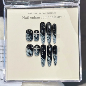 Handmade Gothic Press On Nails Black White Marble Pattern Silver Cross Rhinestone Ballerina Stiletto Nails For Women