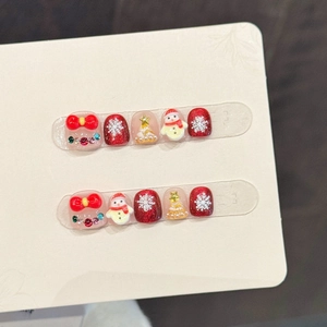 3D Christmas Press On Nails Resin Short Round Fake Nails For Kids Girls Red White Snowman Xmas Tree Decor Holiday Party Nails