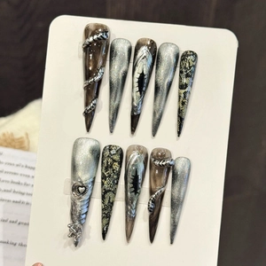 Handmade Gothic Black Silver Cat Eye Press On Nails Extra Long Stiletto Punk Snake Evil Eye Design Handmade Fake Nails