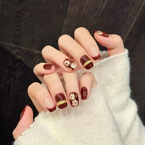 Handmade Retro Wine Red Gold Flower Press On Nails Luxury Cat Eye Square Round Short False Nails For Women Nail Decor