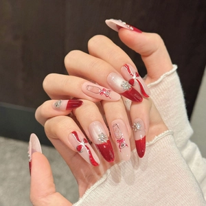 Handmade Red Press On Nails With Snowflake Rhinestone And Butterfly Bow Long Almond Fake Nails For Women Christmas New Year