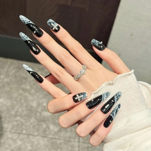 Handmade gothic black coffin press-on nails with silver cross and marble accent