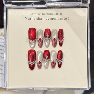 Luxury Handmade Red Cat Eye Press On Nails Long Oval Rhinestone Decorative Fake Nails For Wedding Party Women