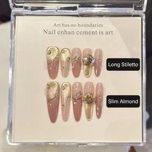 Handmade Press On Nails Gold Cat Eye Nude Gradient With K9 Rhinestone Artificial Pearl Oval Stiletto Fake Nails Women Jewelry