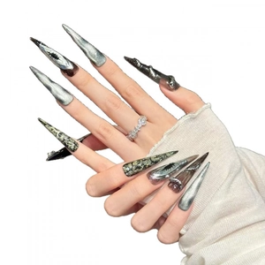 Gothic stiletto press-on nails with silver 3D snakes and evil eye art design