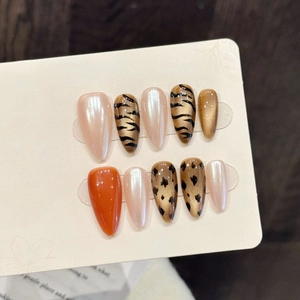 Handmade Press On Nails Leopard Tiger Print Cat Eye Amber Gold Almond Shape Fashion Reusable Fake Nails Set For Women