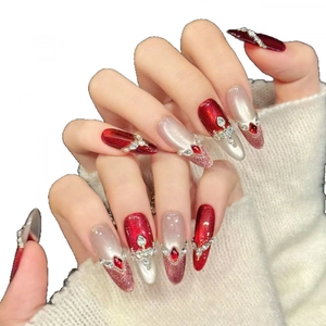 Luxury red cat-eye handmade press-on nails with 3D rhinestones and pearl finish