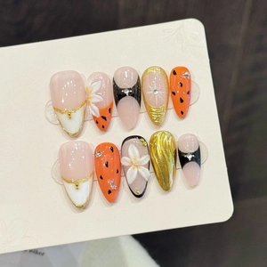 Handmade Press On Nails 3D Flower Orange Gold Mirror Almond Fake Nails With Rhinestones Glue On Nails For Women Luxury Nail Art